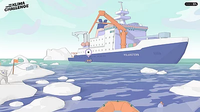 Illustration eines Forschungsschiffs in der Arktis. Im Vordergrund ist ein Eisbär auf einer Eisscholle zu sehen.