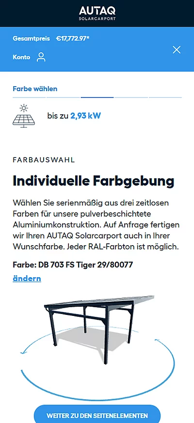 Mobile Darstellung der Farbwahl-Seite des AUTAQ-Solarcarport-Konfigurators mit Überschrift „Individuelle Farbgebung“, ausgewählter Farbe DB 703 FS Tiger und 3D-Ansicht eines dunkelgrauen Solarcarports mit Drehansicht 