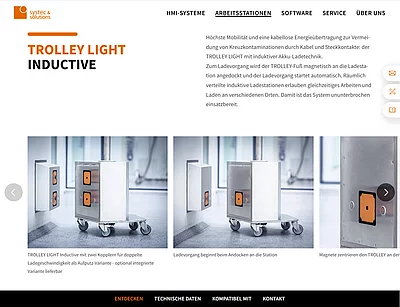 Screenshot einer Produktseite „Trolley Light Inductive“, die ein mobiles Industriegerät auf Rollen mit induktiver Ladetechnik zeigt, inklusive Textbeschreibung und mehreren Detailbildern des Geräts an einer Ladestation.