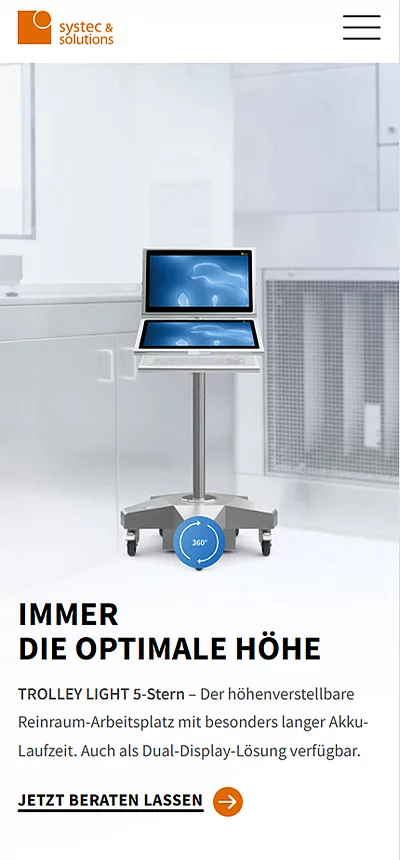 Ausschnitt der mobilen Darstellung der Produktseite „Trolley Light 5-Stern“ , die ein mobiles HMI-Gerät mit Bildschirmen und Tastatur auf Rollen 